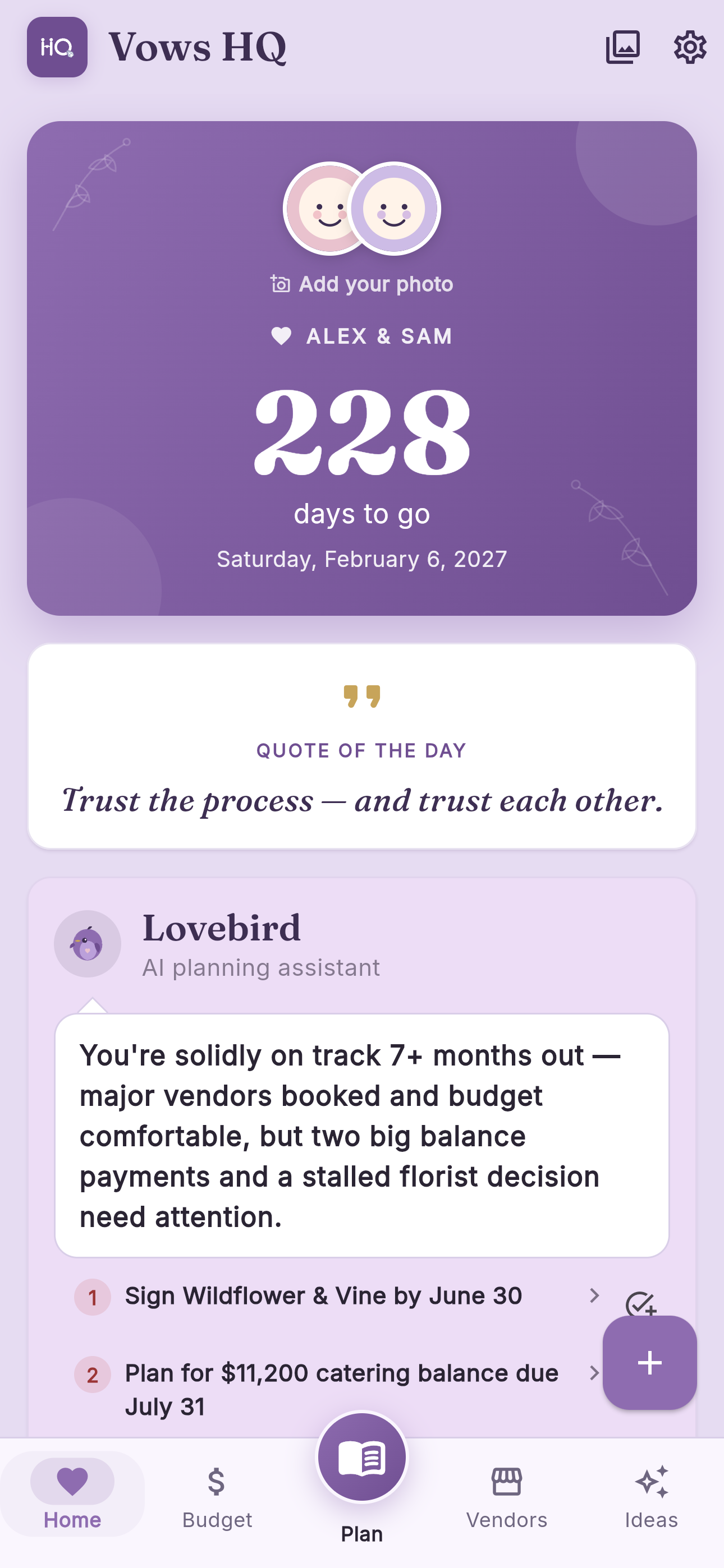 Vows HQ dashboard — countdown, budget, RSVPs, and your next task at a glance