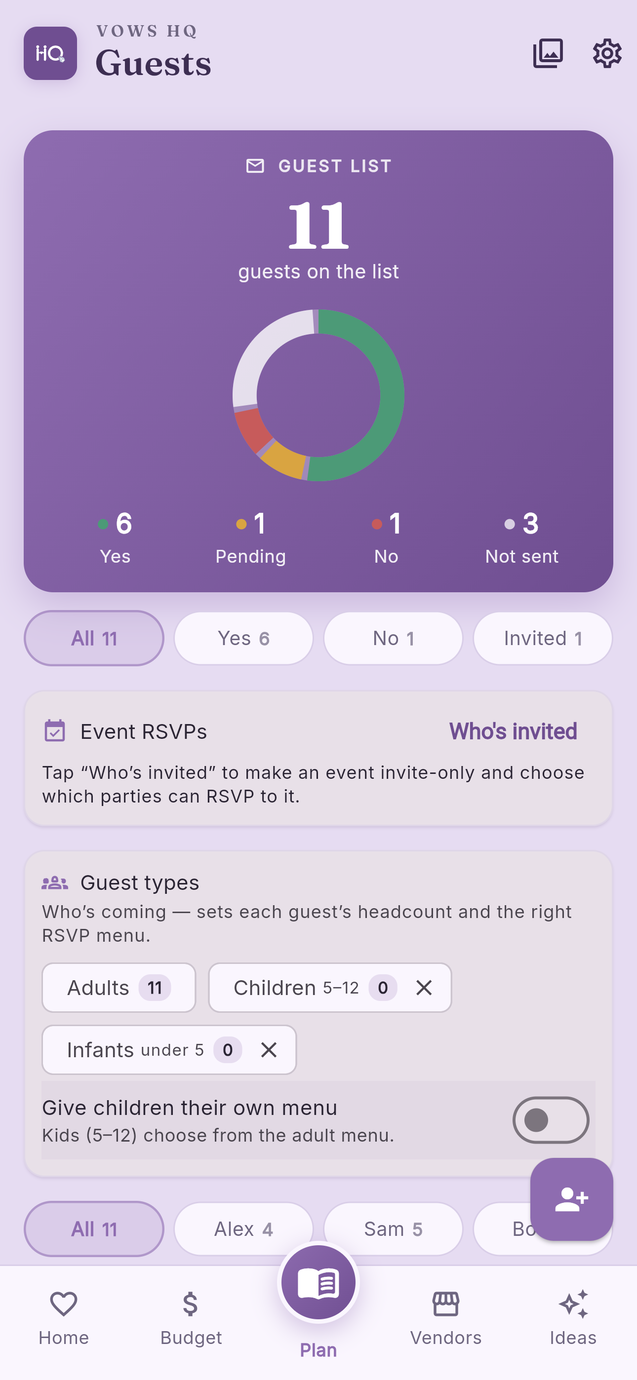 Vows HQ guest list with RSVPs coming in