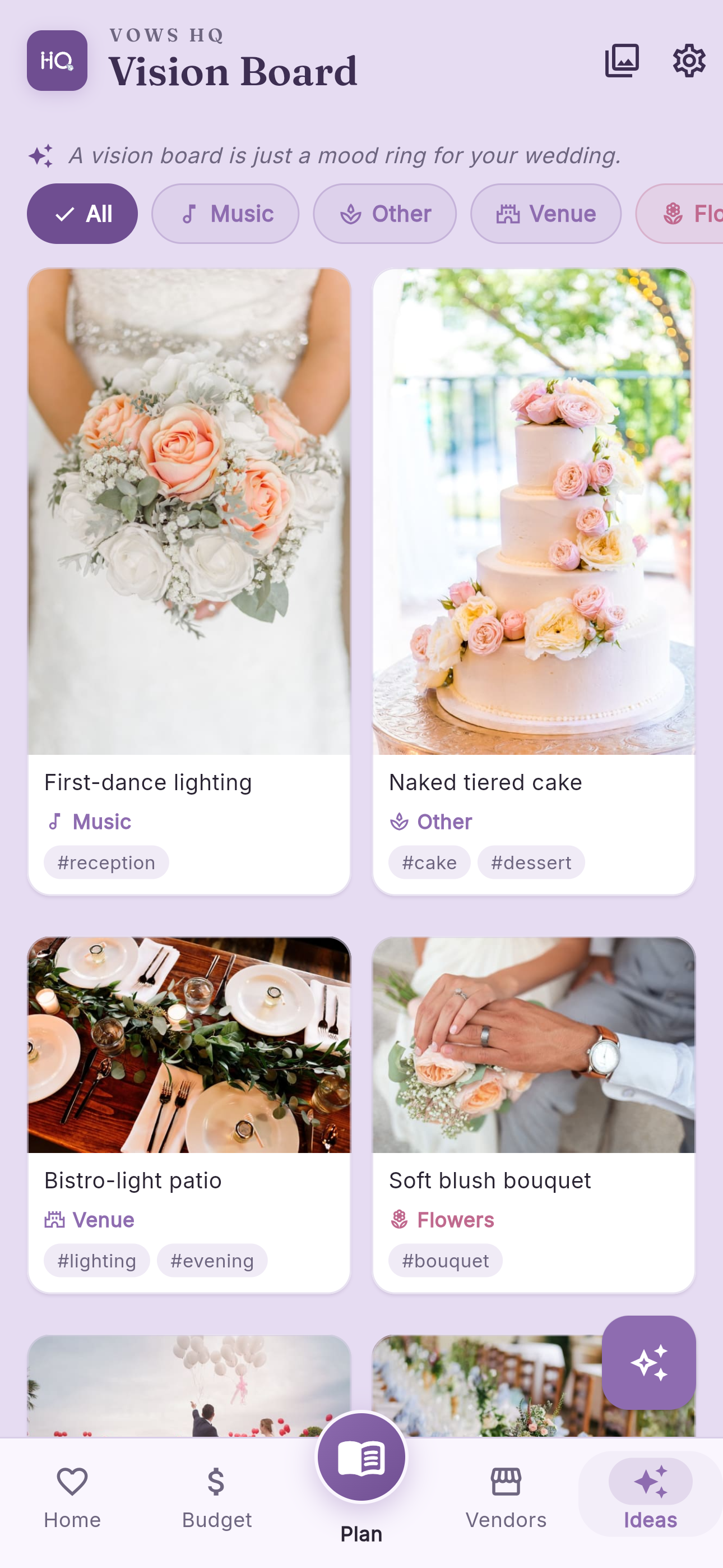 Vows HQ vision board of saved wedding ideas